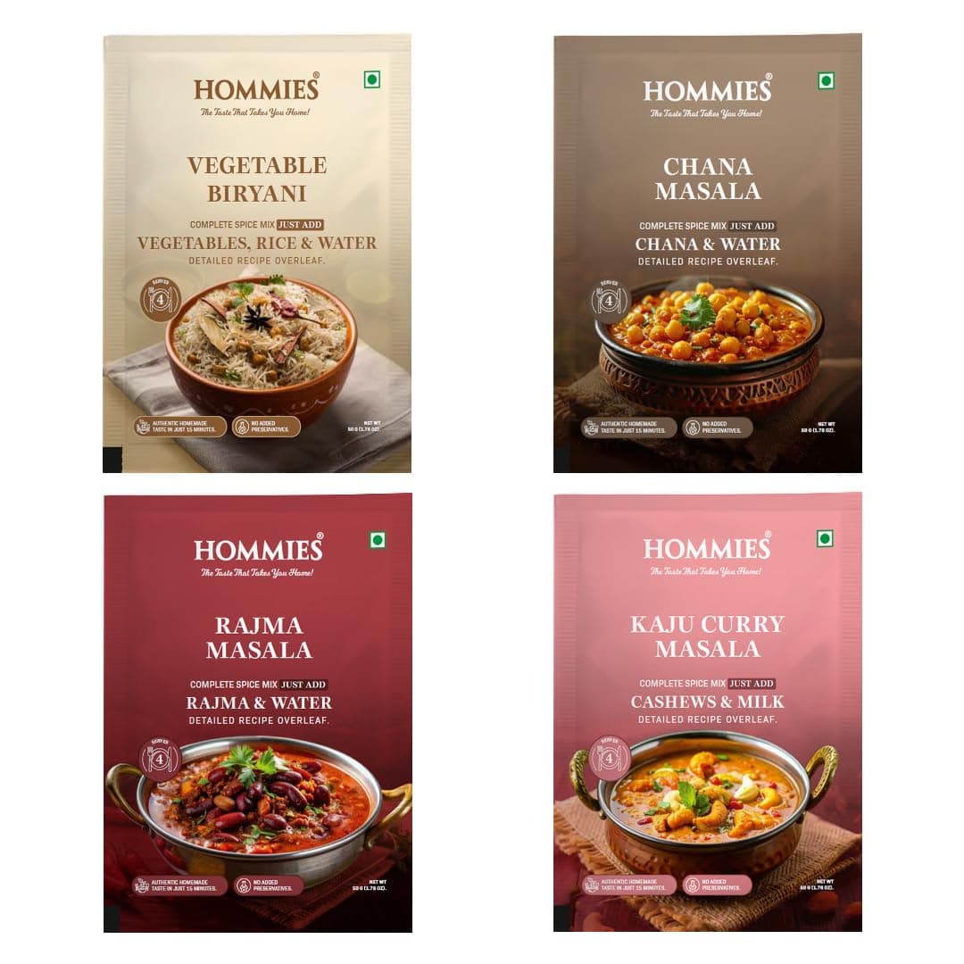 Hommies Mixed Curry Spice Combo (Pack of 4) | Vegetable Biryani, Chana/Chole Masala, Rajma Masala & Kaju Curry Masala | Ready to Cook | Just Add Basics | Serves 4 Each | Vegetarian | No Preservatives| Pack of 4 (50g Each, Total 200g) (Combo of 4-3) — image 2