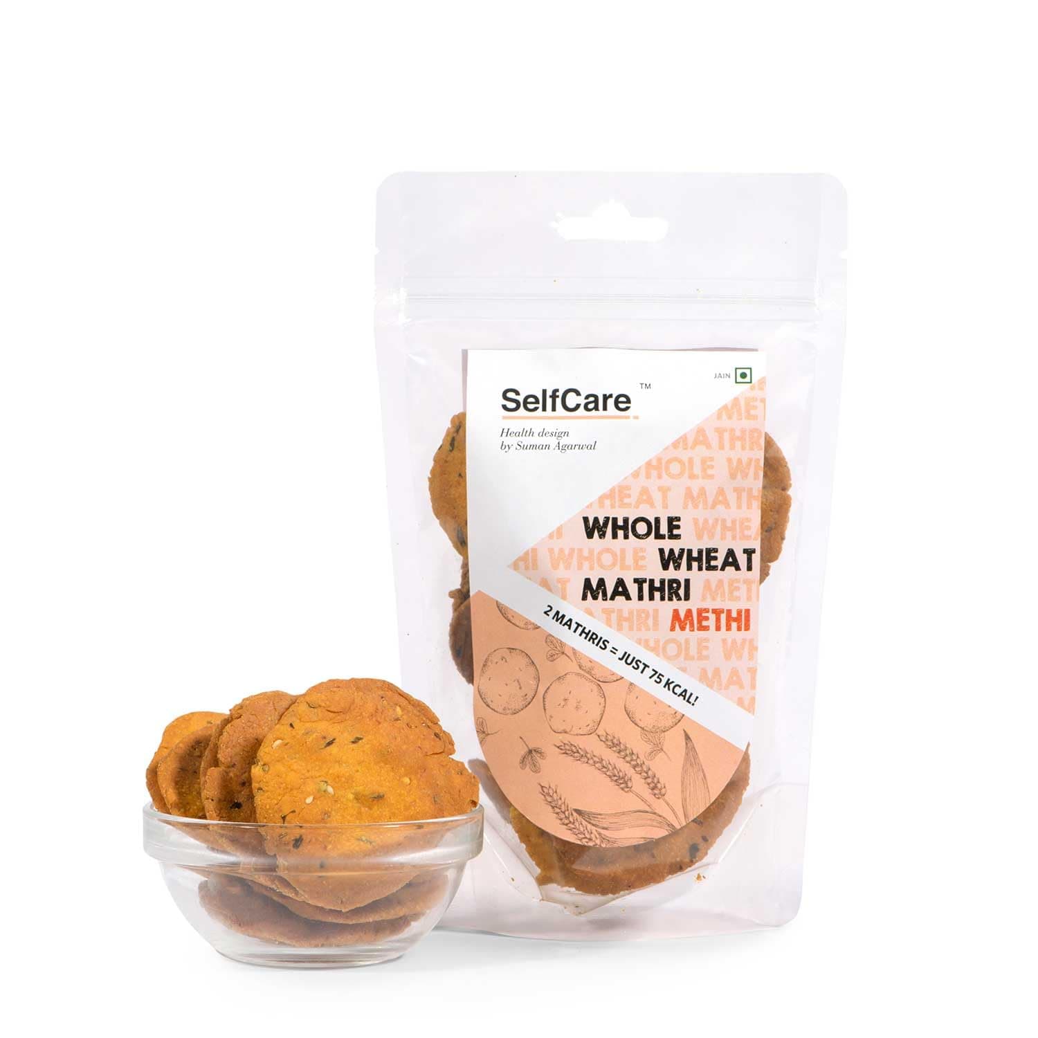 SelfCare By Suman Agarwal Whole Wheat Mathri - Methi Pack of 1 125g | Fiber-rich | Savoury - Snacks - Namkeen - Grocery | Spicy Crunchy & Chatpata - Tea time Snacking | Diabetic Jain & Travel Friendly