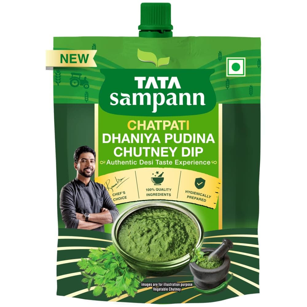 Tata Sampann Chatpati Dhaniya Pudina Chutney Dip, Made with Fresh Coriander and Mint, Tangy and Flavorful, Hari Chutney, Ready to eat, Pairs well with Parathas, Chaats & Snacks, 100% Quality Ingredients, Hygienically Prepared, 200 g