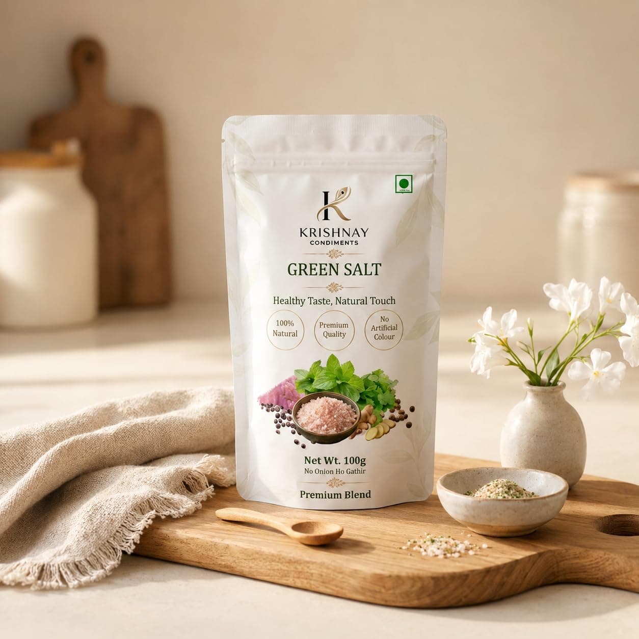 KRISHNAY Condiments Natural Green Salt Seasoning 100g | Herbal Mineral Salt Blend with Mint, Coriander & Spices | No Onion No Garlic Flavoured Salt Mix | Natural Masala Salt for Chaat, Salad, Fruits & Buttermilk — image 8