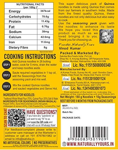 Naturally Yours Quinoa Hakka Noodles | Made with Quinoa & Whole Wheat | No Maida, No Onion No Garlic, 100% Jain Friendly, Non-Fried, Vegan, Preservative Free, No MSG | High Protein & Fiber | Tastemaker Included | 180g (Pack of 2) — image 3