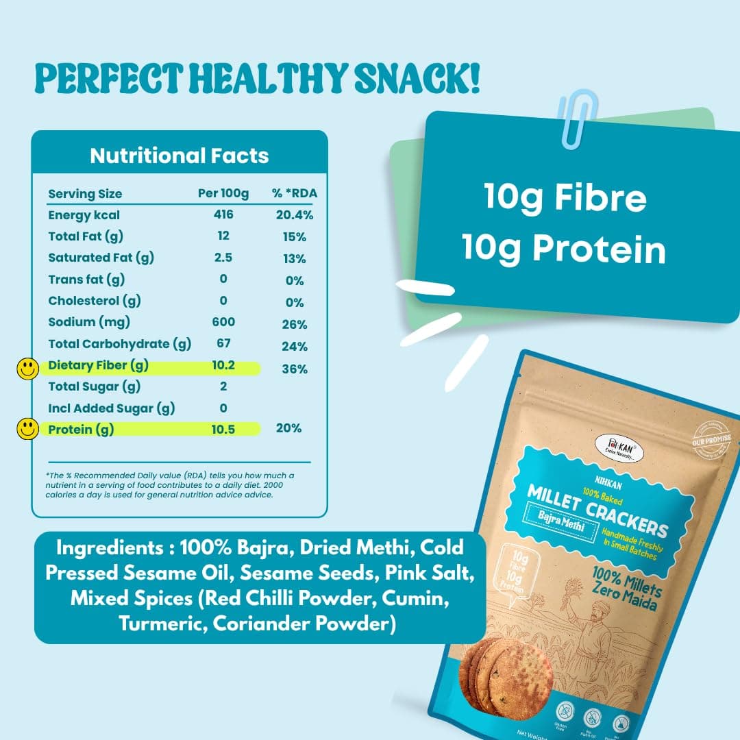 NIHKAN Bajra Millet Crackers - Gluten free | No Maida | High protein | High Fibre - Handmade & baked | Healthy Millet snack | Chai time guilt free snacks - No Preservatives & No Baking soda - 100g (Bajra Methi Flavour) — image 2