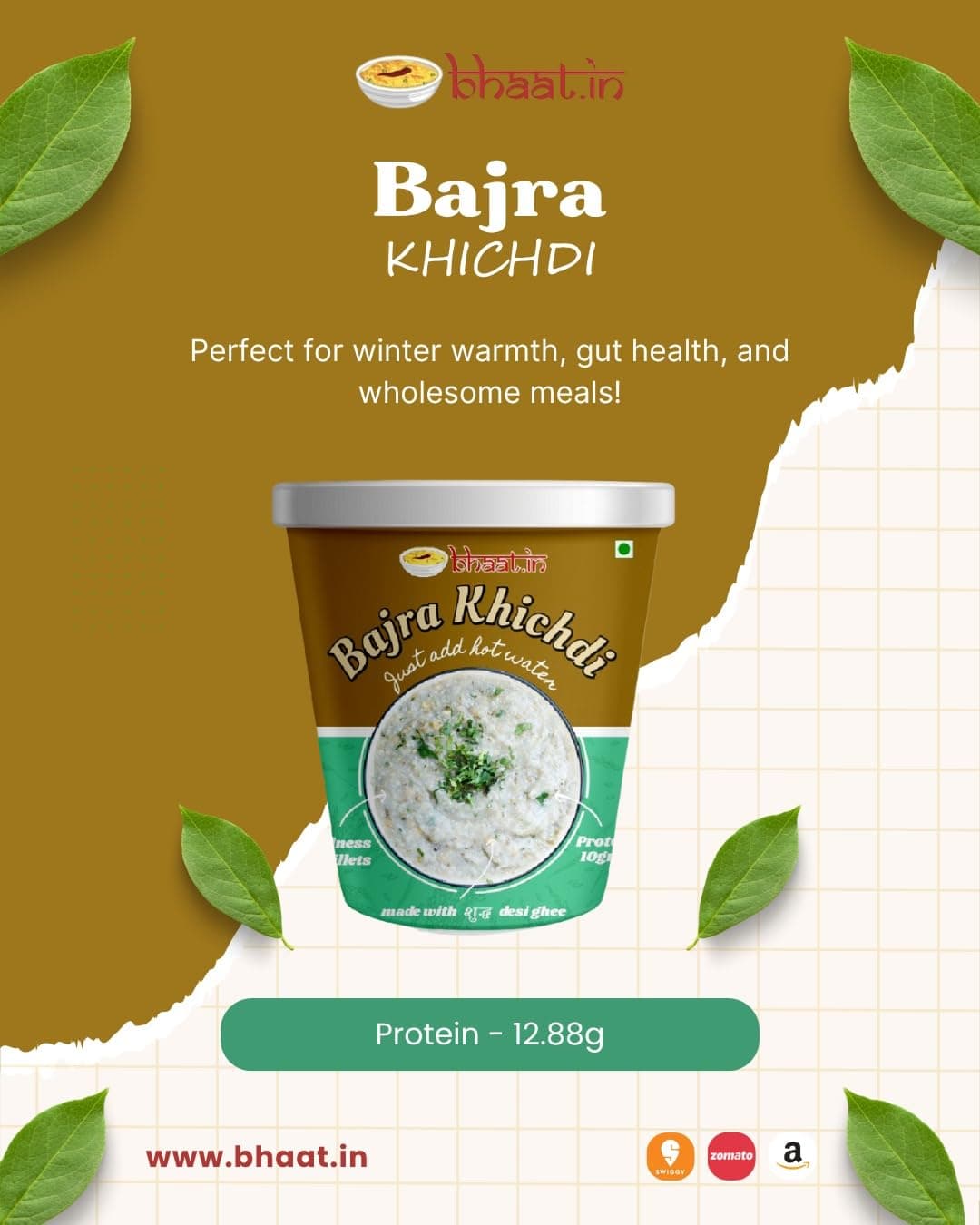 Bhaat.in Instant Bajra Khichdi |Pack of 2|PROTEIN 10GM |Wholegrain| Millet Meal |NO PALM OIL| Ready to Eat Healthy Meal | Pack of 2 | Just Add Hot Water | Gluten-Free | No Onion, No Garlic | Multigrain|Travel-Friendly | Daily meal|Ready to eat breakfast — image 2