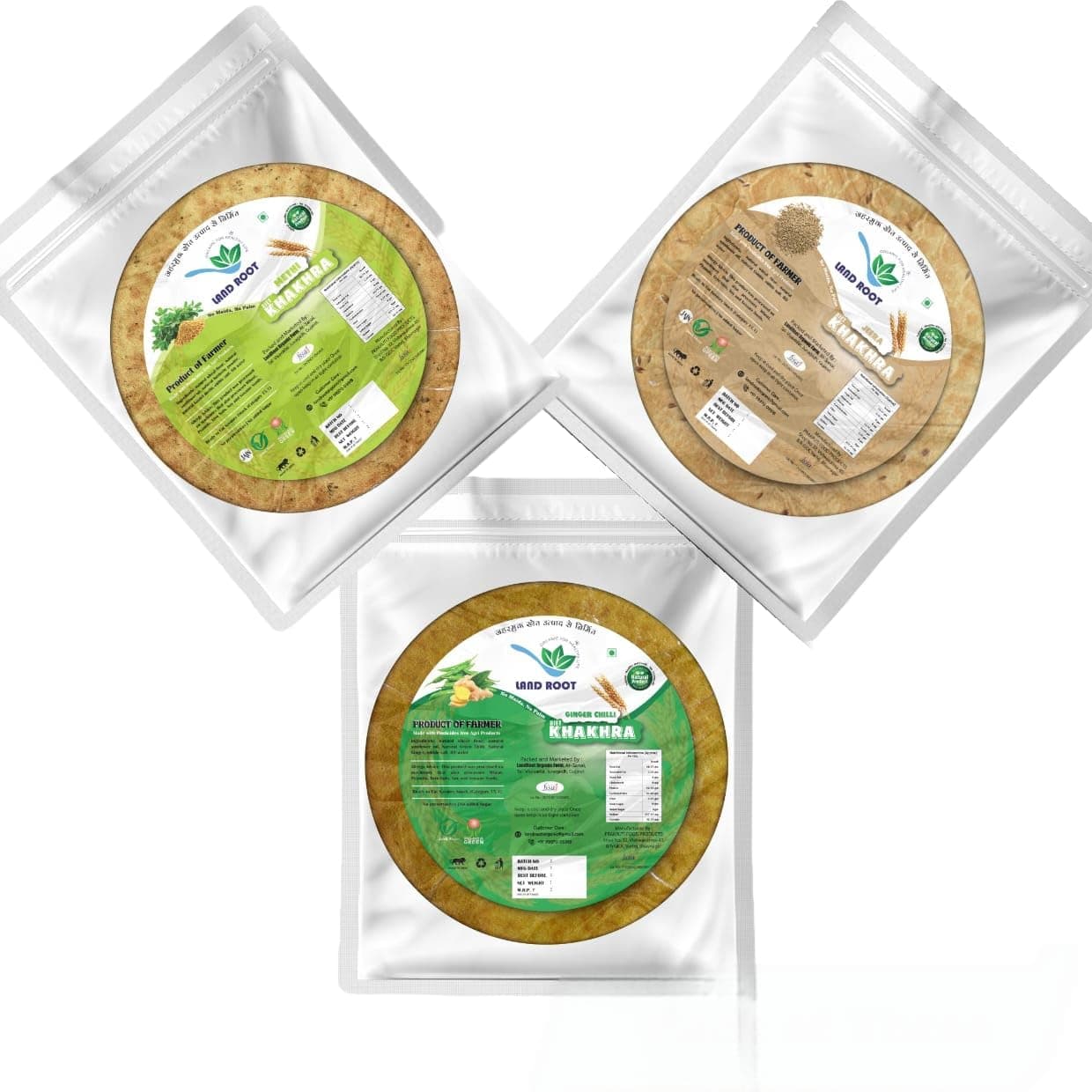 Land Root Organic Assorted Khakhra Pack | 3 Varieties (Methi, Jeera, Ginger Chilli) | Zero Maida | Vegan & Jain Friendly | High Fiber Healthy Snack | 180g x 3 Packs — image 2