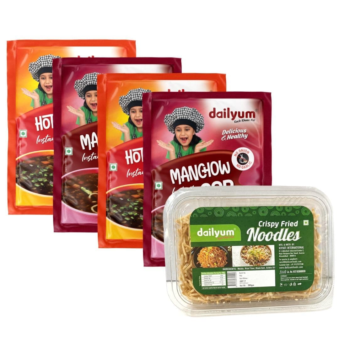 Dailyum instant | No Onion Garlic | 2 Manchow Soup 50g | 2 Hot N Sour Soup 50g | Crispy Fried Noodles 200g | Natural | No MSG | Jain |Combo Of 5 — image 2