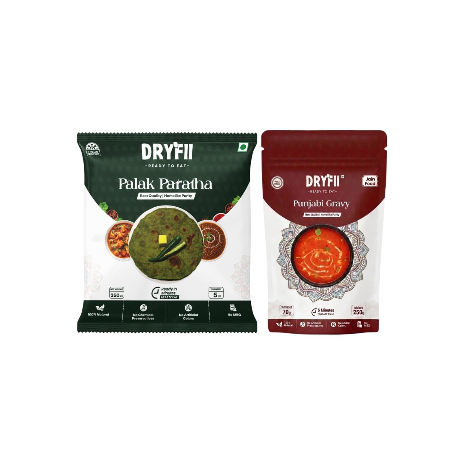 Dryfii Ready-to-Eat Palak Paratha (5 Pcs | 1 Pack) with Jain Dal Makhani | No Onion No Garlic Creamy Meal | Pure Vegetarian