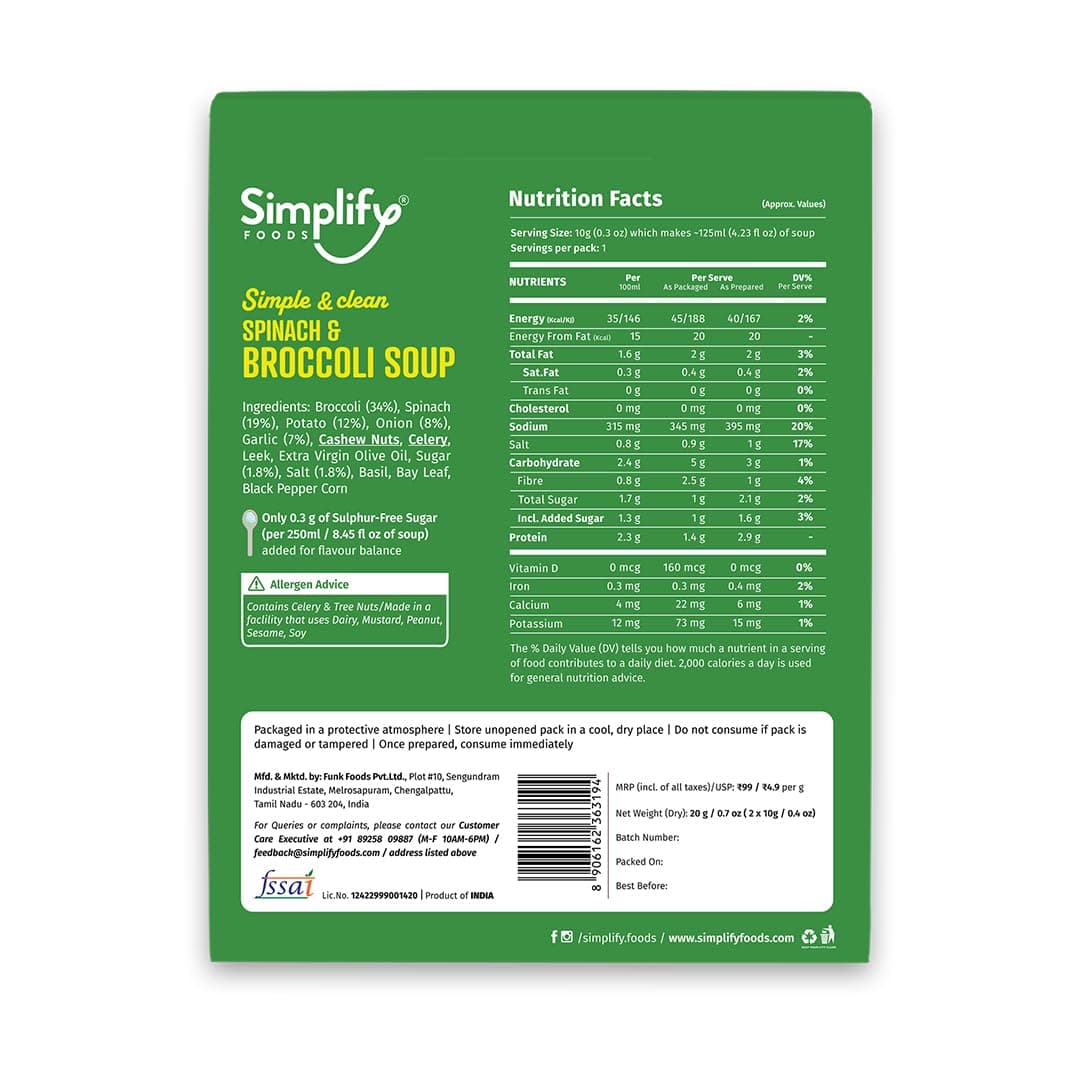 Simplify Foods Spinach & Broccoli Instant Soup | Pack of 2 Single-Serve Sachets (Each Makes ~125 ml) | Made with 34% Real Spinach & Broccoli | Just Add Hot Water | Travel-Friendly | Clean Label | 0% Additives or Preservatives — image 2