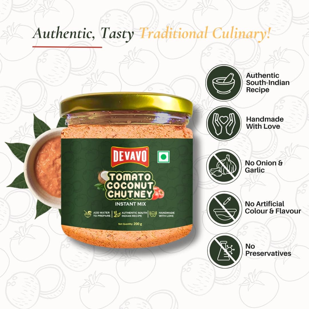 Devavo Tomato Coconut Chutney Powder | Just Add Water to Prepare | Authentic South Indian Recipe | No Onion & Garlic | No Artificial Colour & Flavour | No Preservatives (200 g) — image 3
