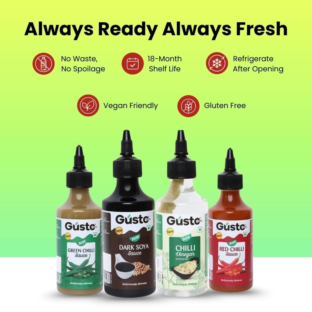 Gusto Foods Chinese Sauces Combo | Red Chilli Sauce 200gm + Green Chilli 190gm + Soya Sauce 210gm + Chilli Vinegar 170ml | Asian Sauces Combo | Ideal for Fried Rice, Noodles, Paneer & Vegetables | Ready to use — image 8