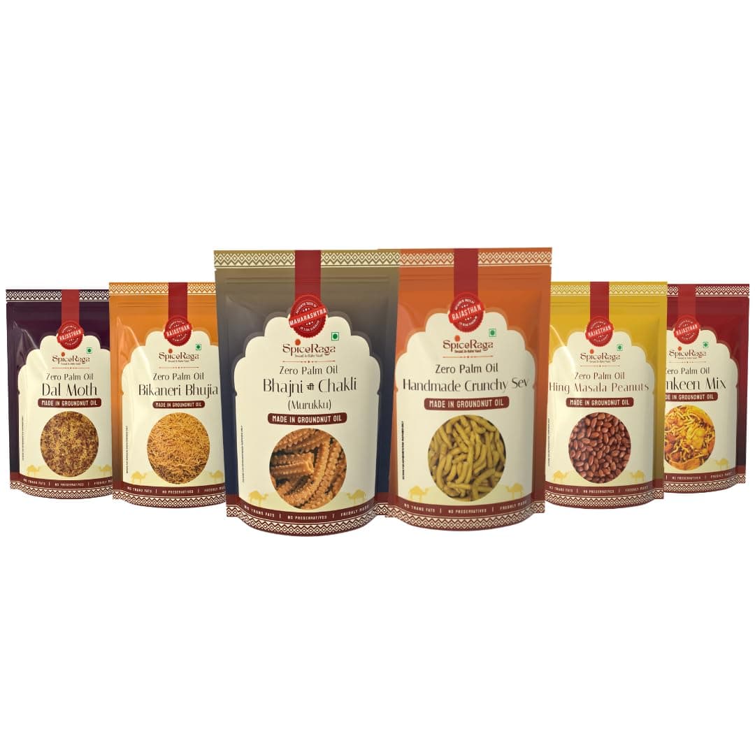SpiceRaga | Bikaneri Bhujia, Dalmoth, Mix Namkeen, Hing Masala Peanuts, Bhajni Chi Chakli, Crunchy Sev (Pack of 6)| Made With Pure Groundnut Oil | No Palm Oil | No Trans Fat | Indian Snacks Combo | Total 920g | — image 2