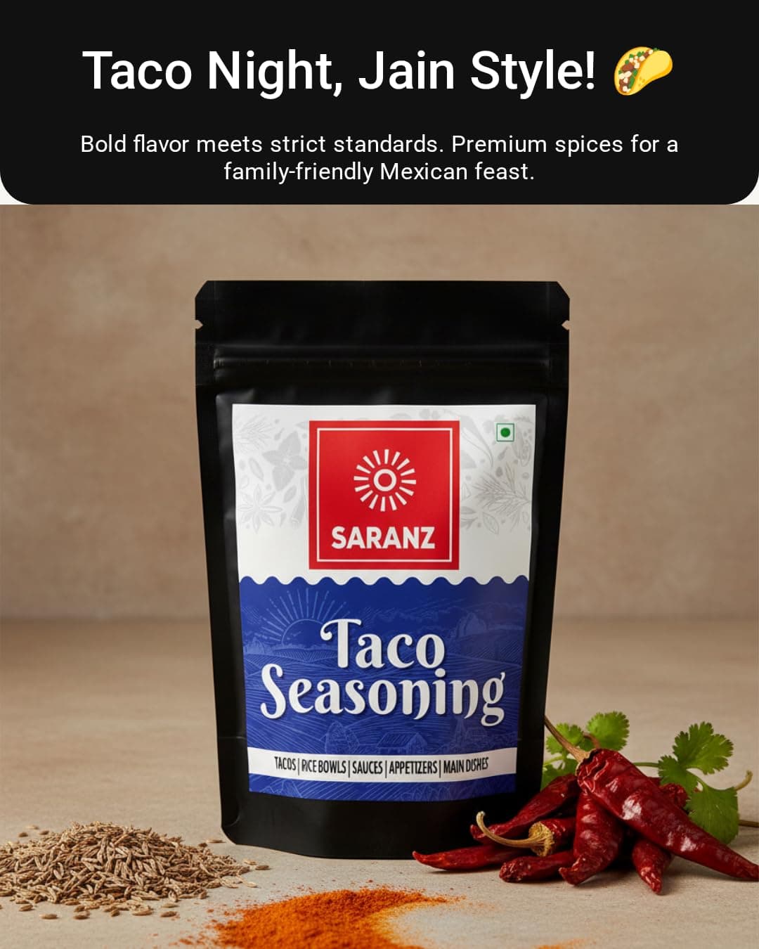 SARANZ Jain Taco Seasoning | No Onion No Garlic Mexican Spice Mix | For Tacos, Burritos, Wraps, Nachos, Fries, Pasta and Snacks | Vegan, Gluten-Free, Dairy-Free | 100g Sprinkler Jar — image 5