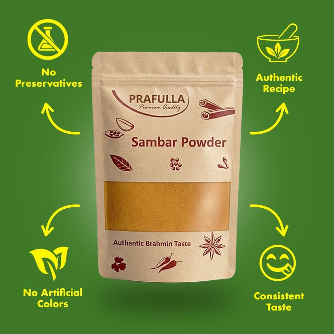 PRAFULLA Sambar Powder | Authentic Brahmin Taste Traditional South Indian Masala | Pure Vegetarian No Onion No Garlic Sambhar Spices Blend | Everyday Curry Cooking Premium Quality — image 3