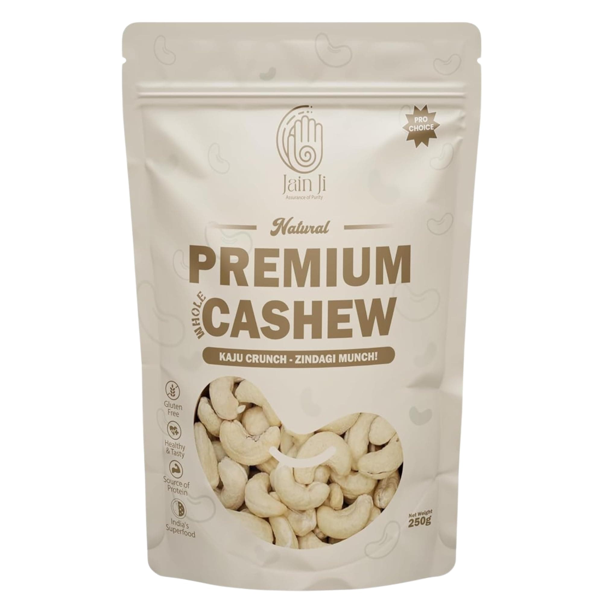JAIN JI Natural Premium Whole Cashew 250g | Gluten Free | Source of Protein | Non-GMO | No Artificial Additives (Pack of 1)