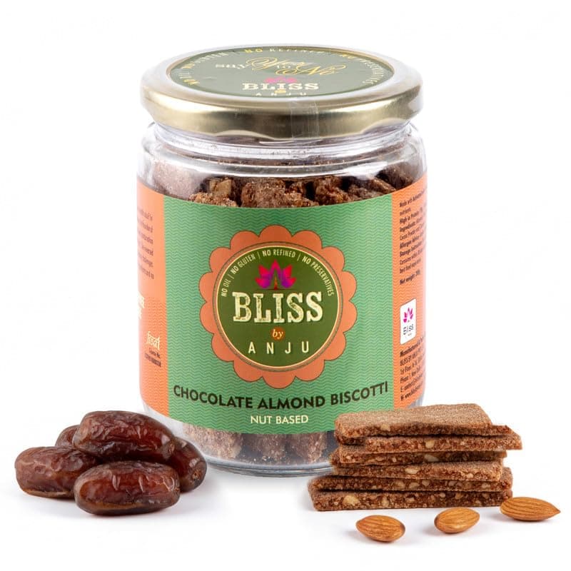 Bliss by Anju Chocolate Almond Biscotti 200g | Contains 38g Protein Per Pack | Activated Almonds & Premium Cocoa | Baked, Gluten-Free | Rich in Fibre & Healthy Fats | Wholesome Crunchy Snack