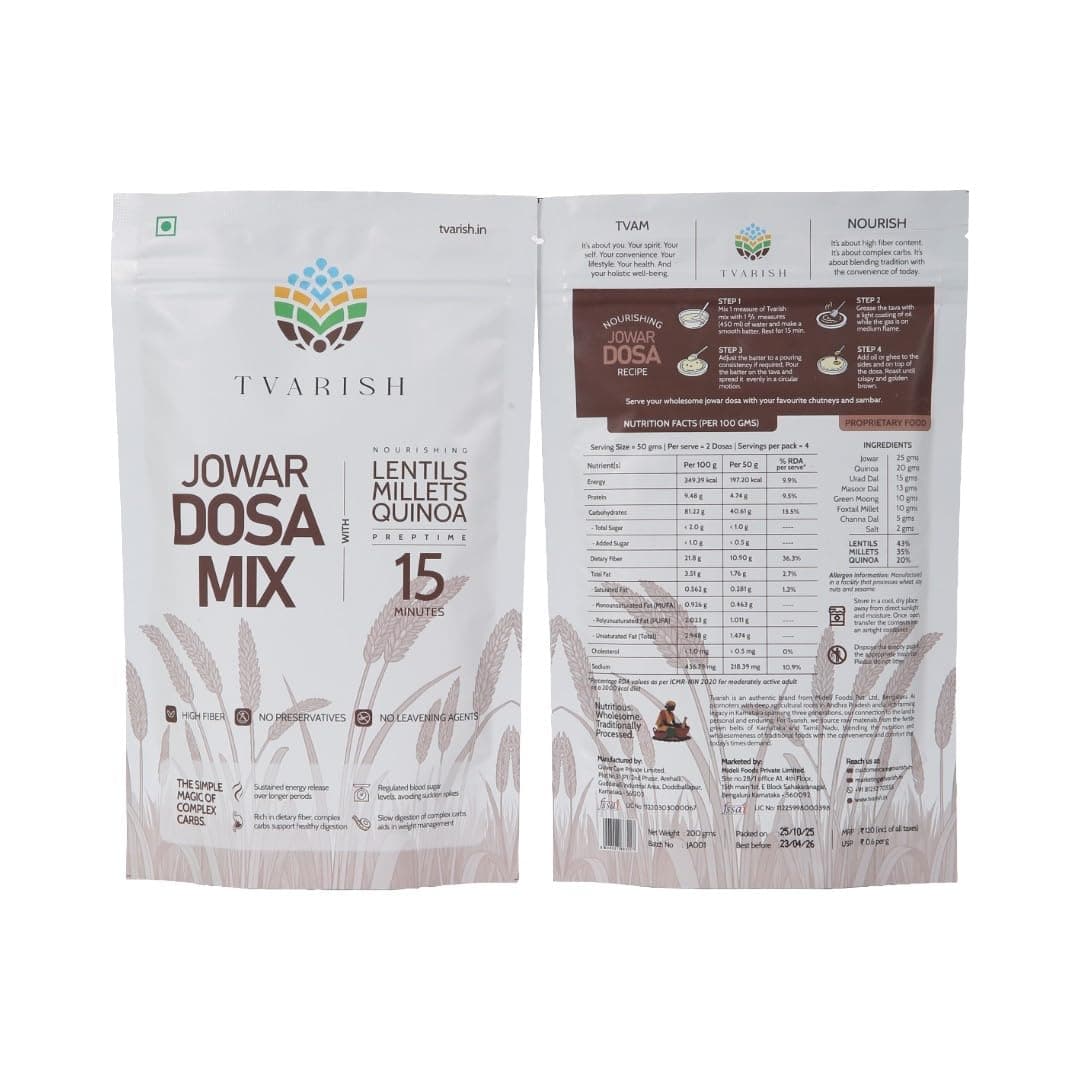 Tvarish Instant Jowar Dosa Mixes (2 * 200g) | Millet, Lentil & Quinoa based | Gluten Free | No Maida, No Preservatives, No Rice, No Baking Soda | Healthy South Indian Breakfast — image 2