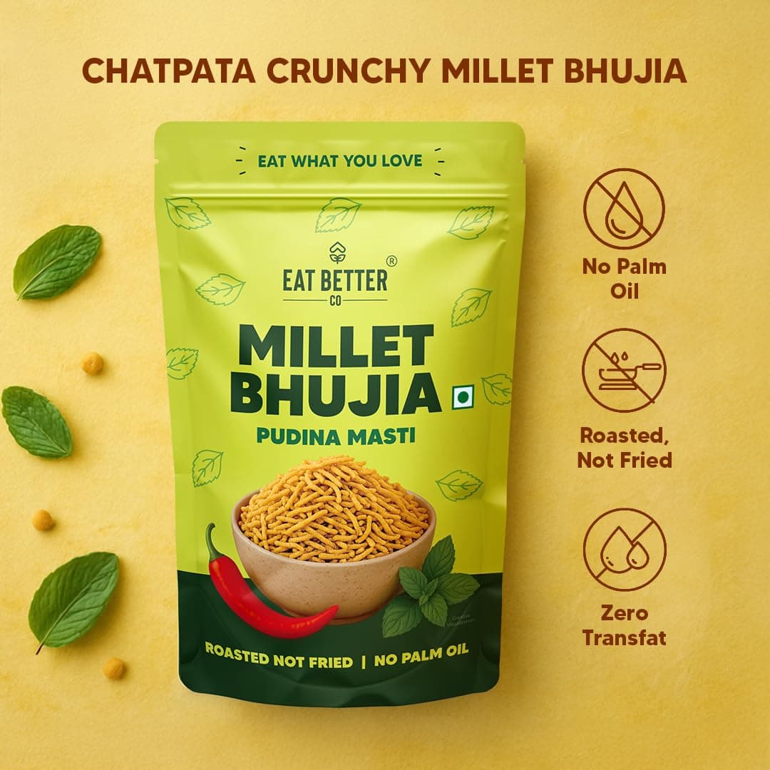 Eat Better Co - Millet Bhujia Pudina Masti Chatpata, Healthy Namkeen Snacks – Roasted, Not Fried | No Palm Oil | Healthy Replacement of Chips and Fried Namkeens (100 gram pack) — image 2