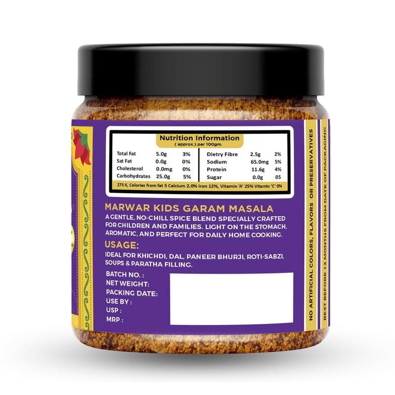 Marwar Garam Masala - 200gm Mild Spice Blend | No Chili | Easy to Digest | 100% Natural | Specially Crafted for Children & Family Meals | Perfect for Khichdi, Dal, Paneer, Sabzi & Soups- Jar Pack — image 2