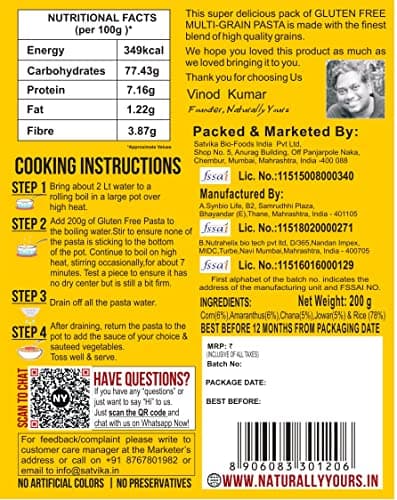 Naturally Yours Gluten Free Multigrain Pasta | Corn, Amaranth, Bengal Gram, Jowar & Rice | No Maida, Preservative Free, Vegan, No Onion No Garlic, Jain Friendly | High Fiber & Protein | 200g Pack of 2 — image 3