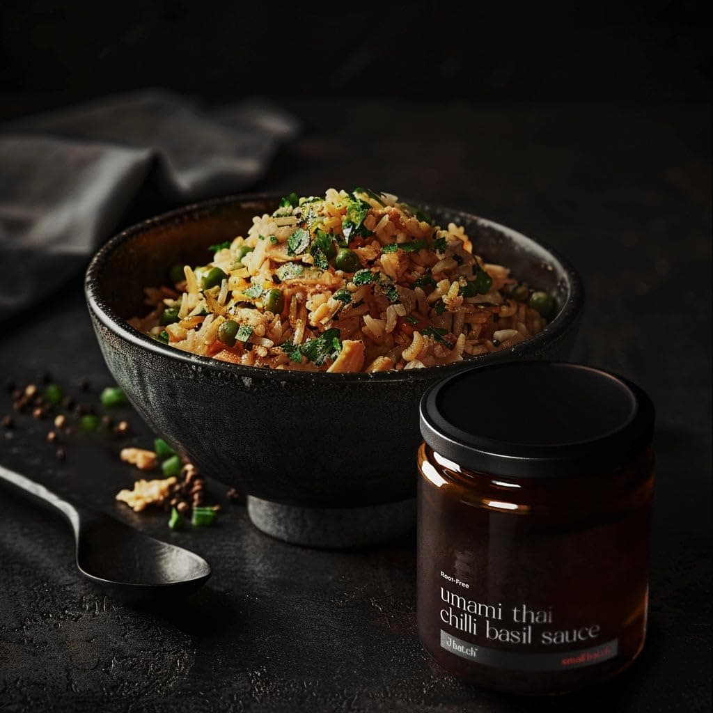 Small Batch Root Free Umami Thai Chilli Basil Sauce, Jain Friendly, No Onion No Garlic, Gourmet Condiment, Spread, Marinate, Saute, Stir-Fry, Dip, Paneer, Tofu, Roti, Pizza, Jbatch - 180gms — image 4