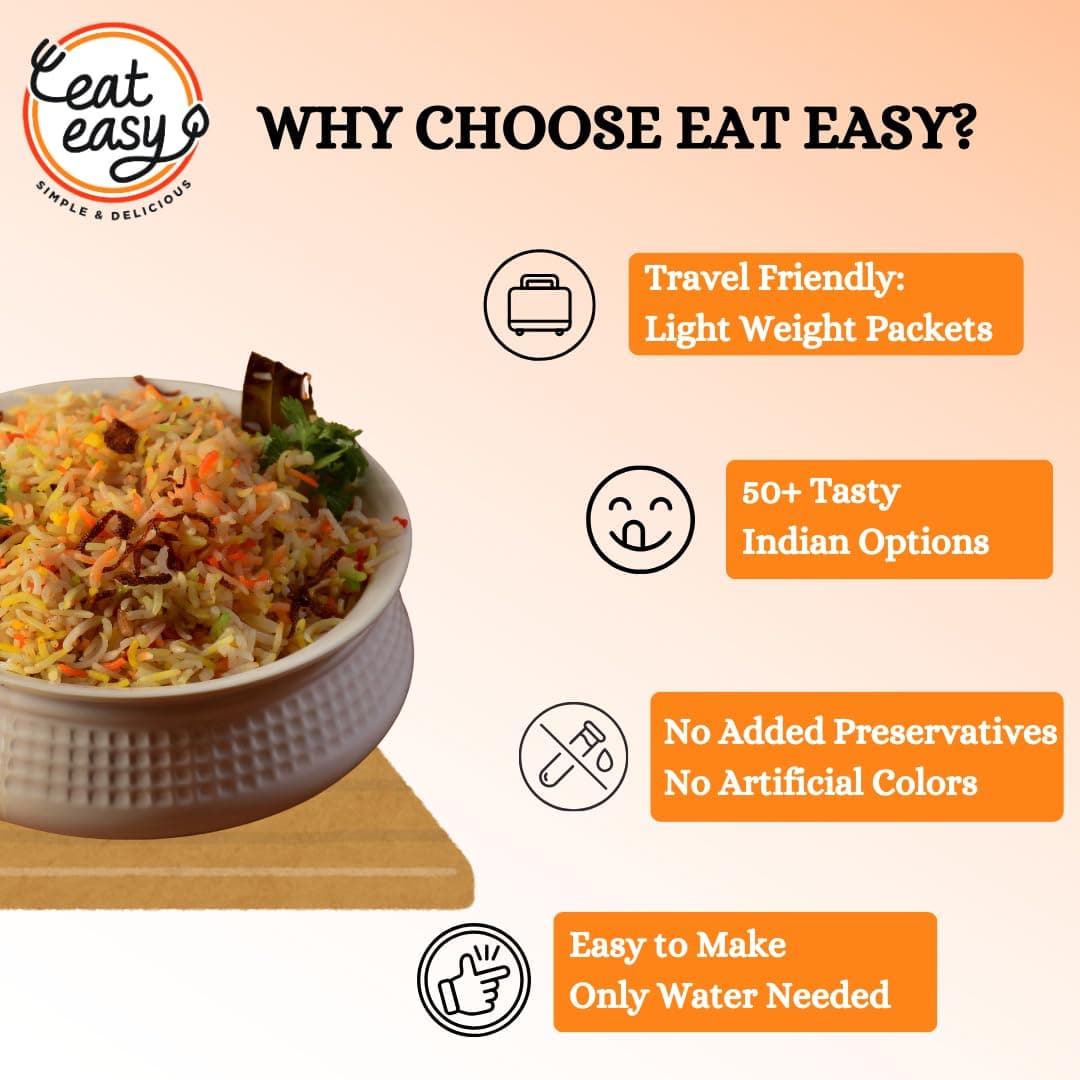 Eat Easy Ready To Eat Jain Veg Biryani- 95gm | Instant Food | Indian Meal, Travel Food | No Preservatives, No Added Artificial Colours & Flavours | Just Add Water and Cook — image 4