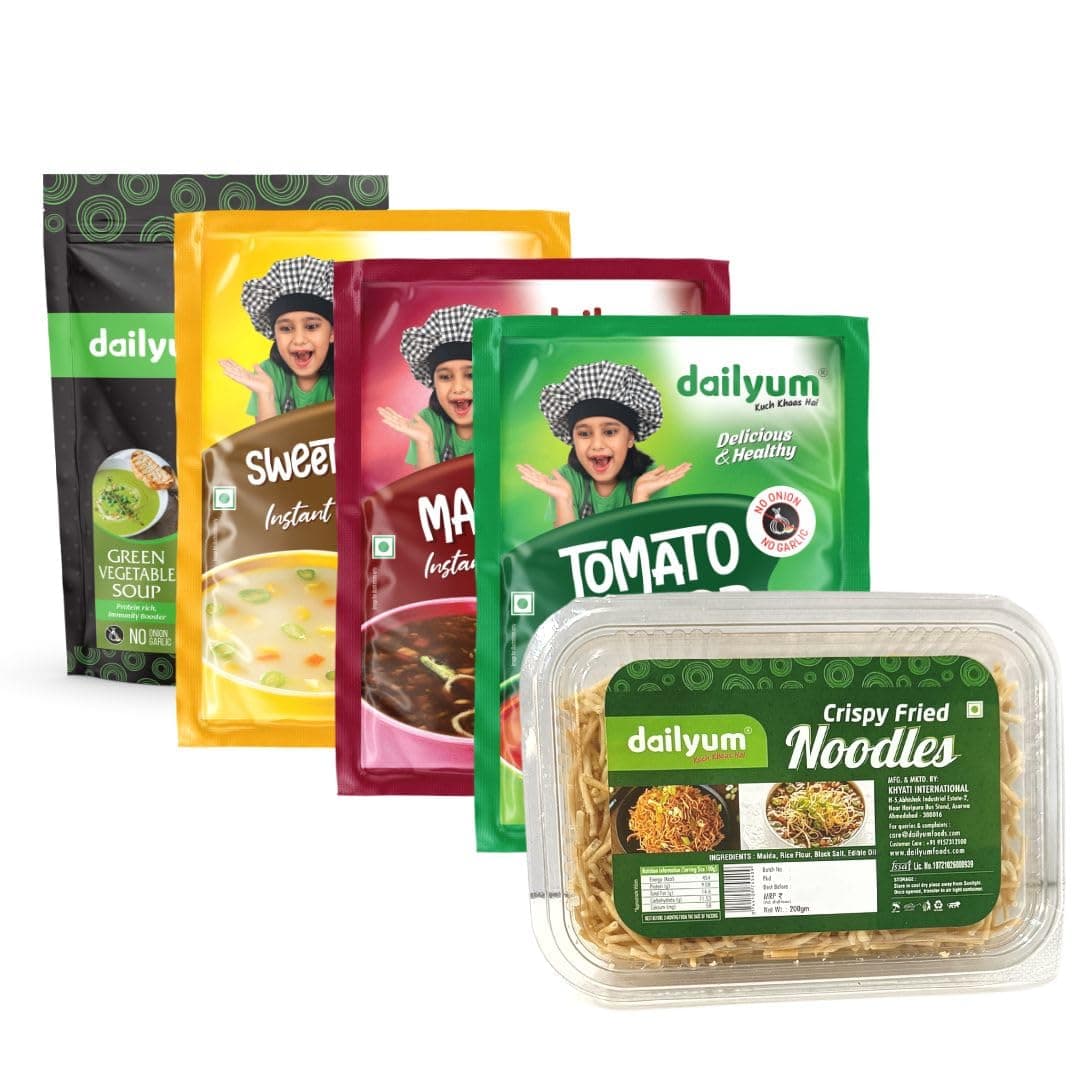 Dailyum Instant Soup Combo of 5 | No Onion No Garlic | Manchow Soup 50g | SweetCorn Soup 50g | Tomato Soup 50g | Green Veg. Soup 50g | Crispy Fried Noodles 200g| Jain — image 2