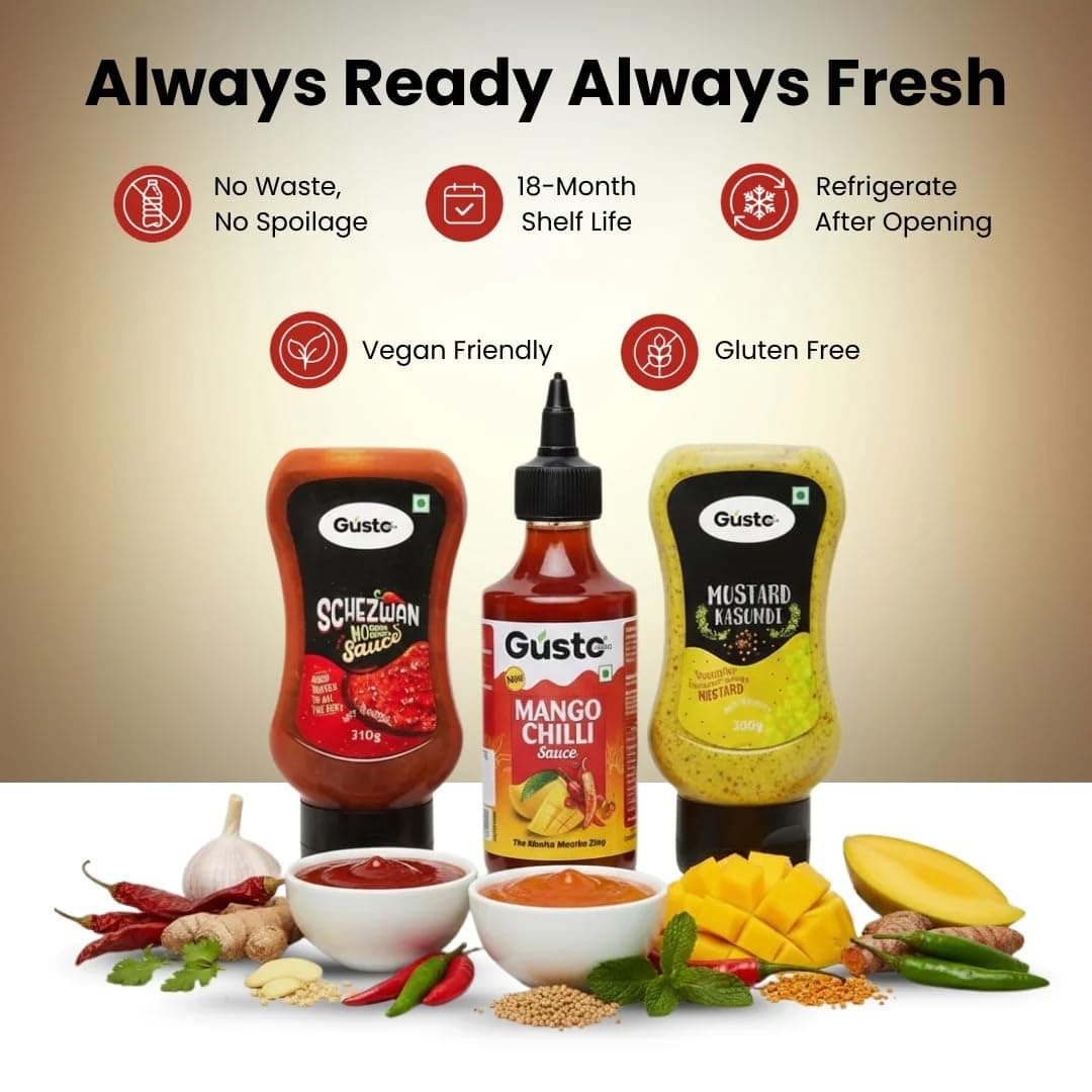Gusto Foods No Onion No Garlic Combo (Schezwan Sauce, 310gm + Mustard Kasundi, 300gm + Mango Chilli, 240gm) | No chopping, grinding | No extra prep needed | Versatile spicy‑sauce pack — image 7