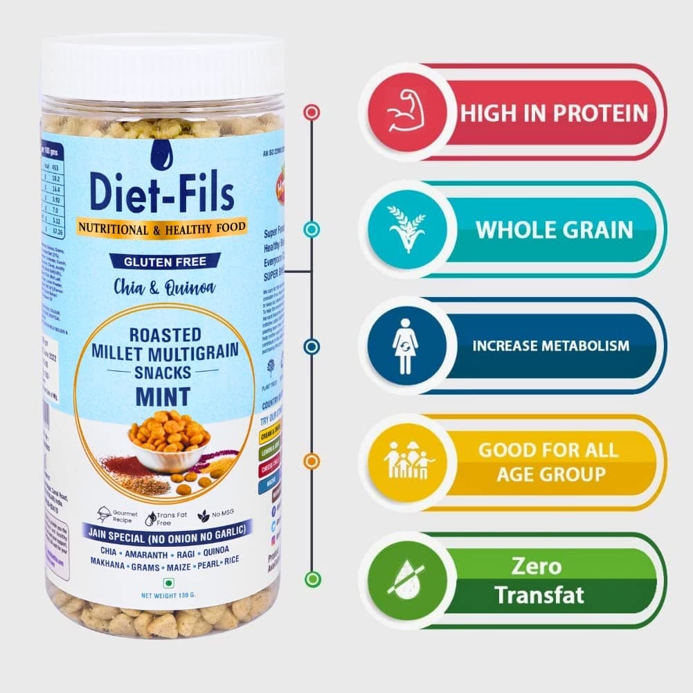 Diet-Fils Jain Special Roasted Multigrain Snacks Mint(No Onion No Garlic Based) Combo (130 gmx3 Pack) — image 3