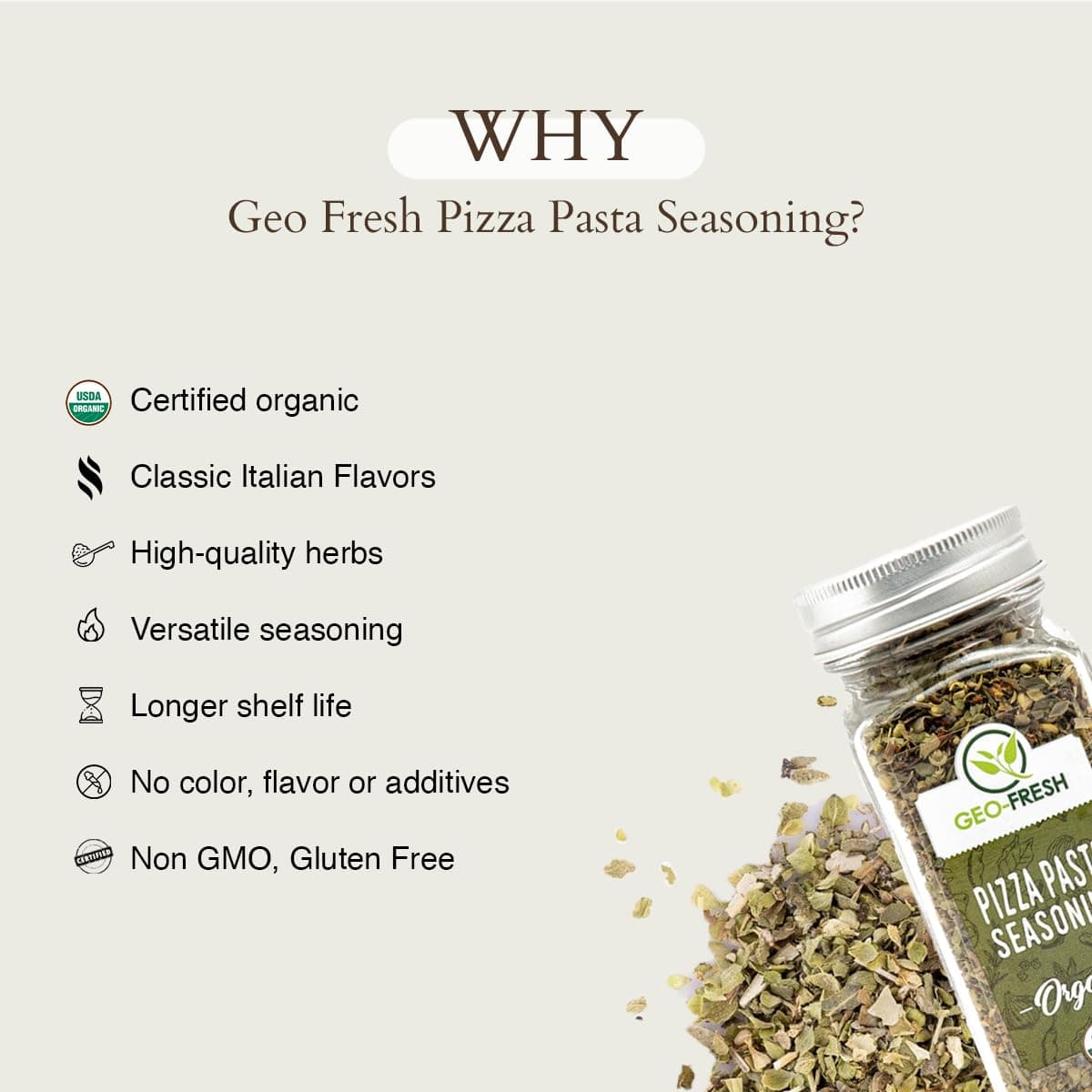 Geo-Fresh Organic Pizza Pasta Seasoning, 25g | Aromatic & Flavourful Blend | Sprinker for Pizza, Pasta, Stews, Salads | No Artifical Colour & Preservatives| 100% Organic, Non-GMO, USDA Certified, Jaivik Bharat Certified — image 7