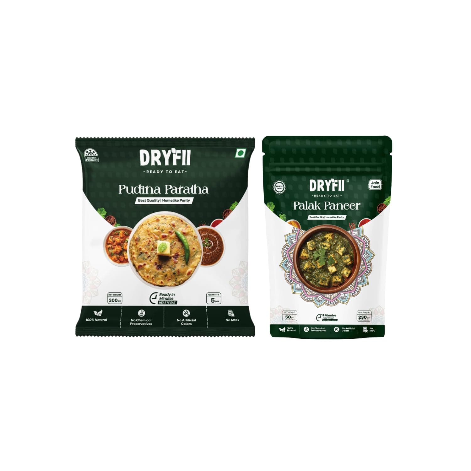 Dryfii Ready to Eat Pudina Paratha (5 Pieces, 1 Pack) & Jain Palak Paneer Combo | Freeze Dried | Refreshing Flavor | No Onion No Garlic — image 2