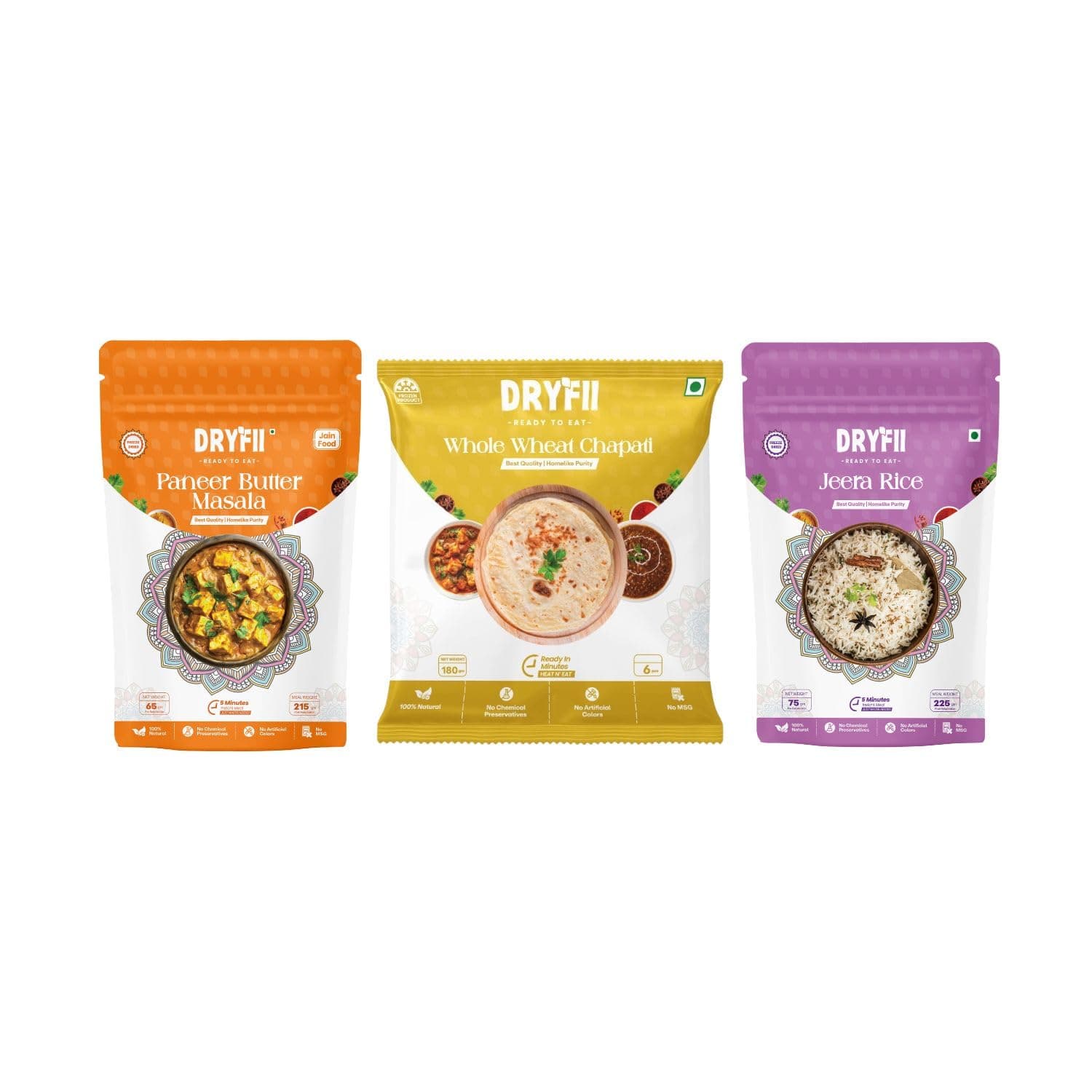 Dryfii Ready-to-Eat Chapati with Jain Paneer Butter Masala & Rice | Creamy Satvik Combo Meal | No Onion No Garlic | Premium Indian Food Pack