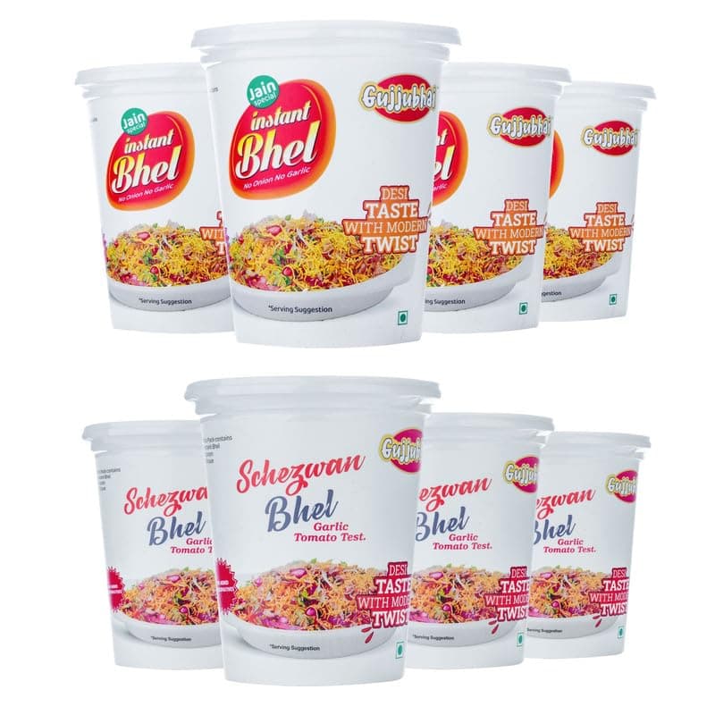 Gujjubhai Jain Bhel & Schezwan Bhel Combo – 80g x 8 | Instant Spicy & Tangy Snack Mix | No Onion No Garlic | Ready-to-Eat Indian Street Food | Travel-Friendly Namkeen Pack — image 2