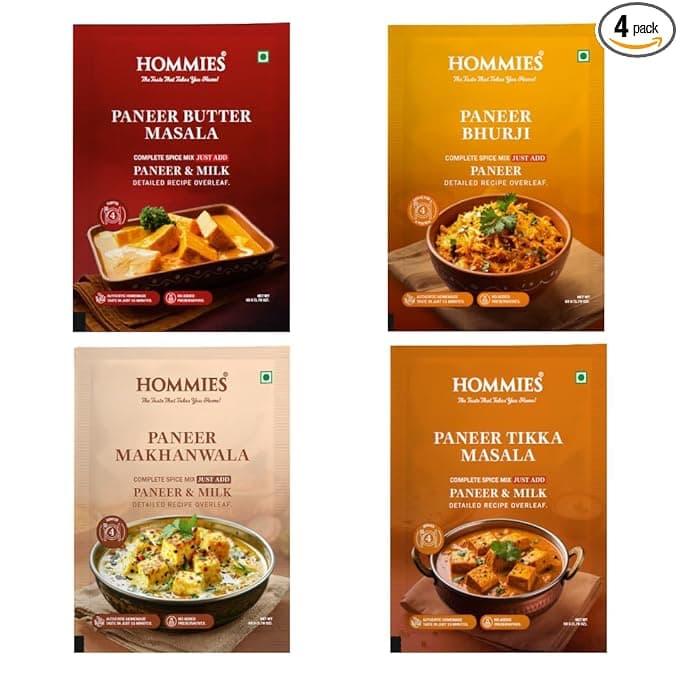 Hommies Dhaba Style Paneer Curry Spice Mix Combo (4 Varieties) | Butter Masala, Makhanwala, Tikka Masala & Bhurji | Ready to Cook in 15 Mins | Just Add Paneer & Milk | Shahi Curry with Cashew Nuts | No Preservatives | Pack of 4 (50g Each, Total 200g)