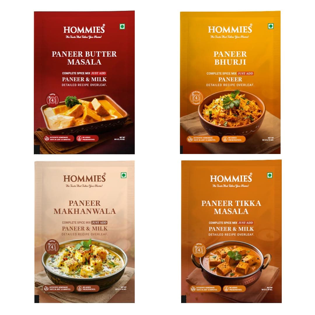 Hommies Dhaba Style Paneer Curry Spice Mix Combo (4 Varieties) | Butter Masala, Makhanwala, Tikka Masala & Bhurji | Ready to Cook in 15 Mins | Just Add Paneer & Milk | Shahi Curry with Cashew Nuts | No Preservatives | Pack of 4 (50g Each, Total 200g) — image 2