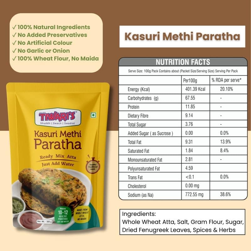 Tiwari’s Kasuri Methi Paratha/Poori Ready-To-Use Atta Mix | 100% Vegetarian Instant Healthy High Protein & Fiber Flatbread Mix With No Preservatives, No Onion & Garlic | 300gm, Pack of 2 — image 2