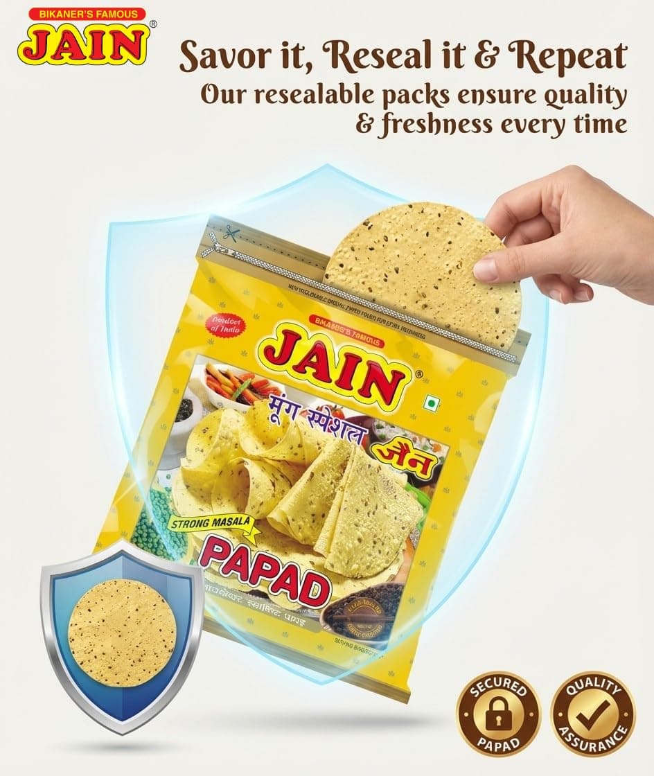 JAIN Papad Moong Dal Special, Strong Masala, 400g, Papad Size-10 Inches, Handmade, Zipper Packing, No Preservatives, Contains 22-24 Papads Per Pack — image 3