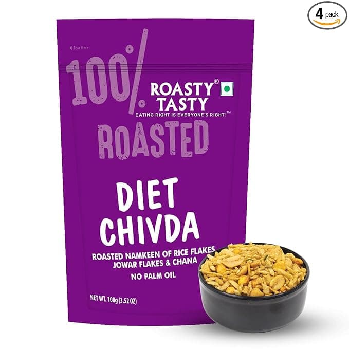 Roasty Tasty Diet Chivda | Gluten-Free Roasted Chiwda with Rice & Jowar Flakes | No Onion No Garlic Millet Namkeen | Light & Crunchy Tea-Time Roasted Non Fried Snack | Low Calorie Palm Oil Free Namkeen | 100g x 4 Packs | Indian Mixture