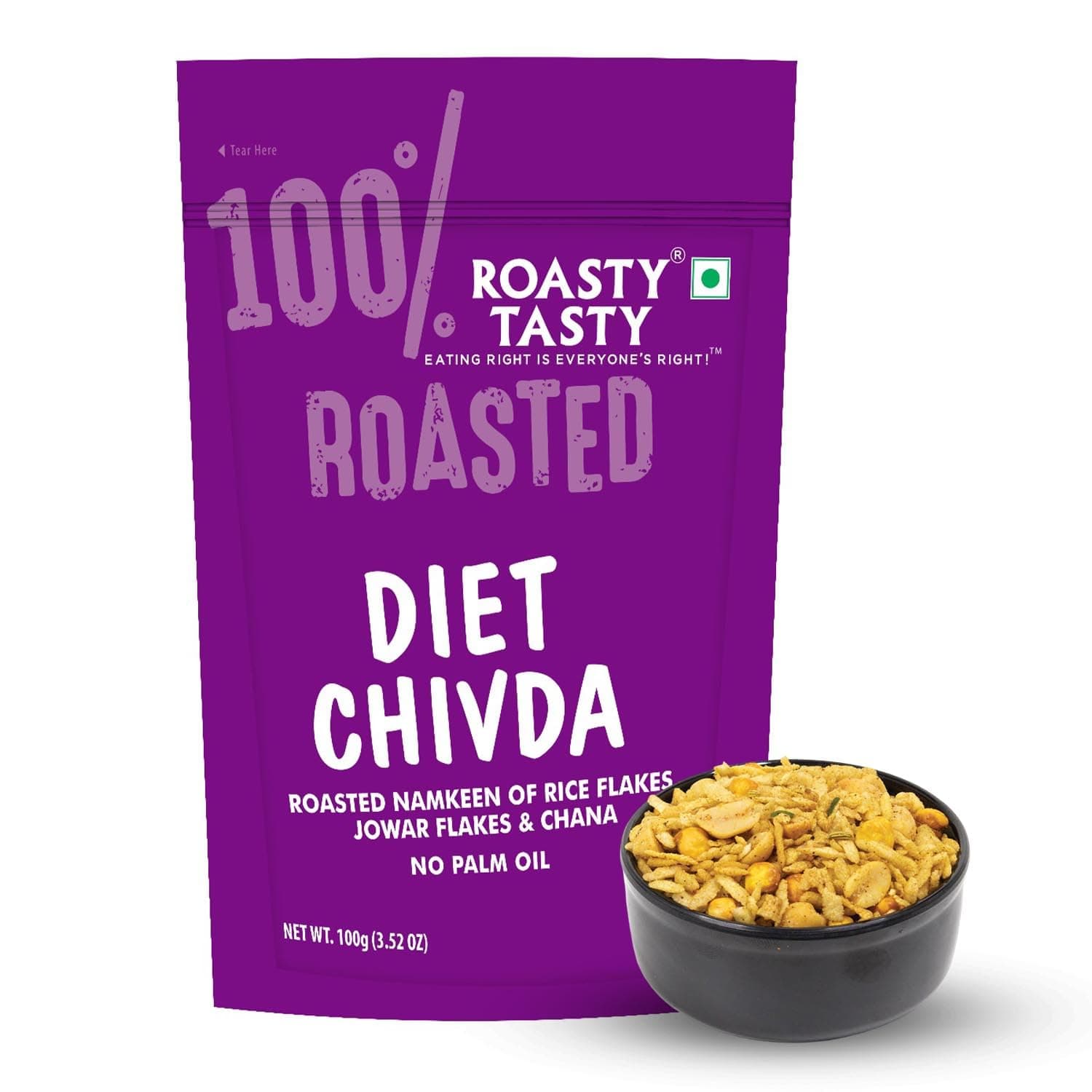 Roasty Tasty Diet Chivda | Gluten-Free Roasted Chiwda with Rice & Jowar Flakes | No Onion No Garlic Millet Namkeen | Light & Crunchy Tea-Time Roasted Non Fried Snack | Low Calorie Palm Oil Free Namkeen | 100g x 4 Packs | Indian Mixture — image 2