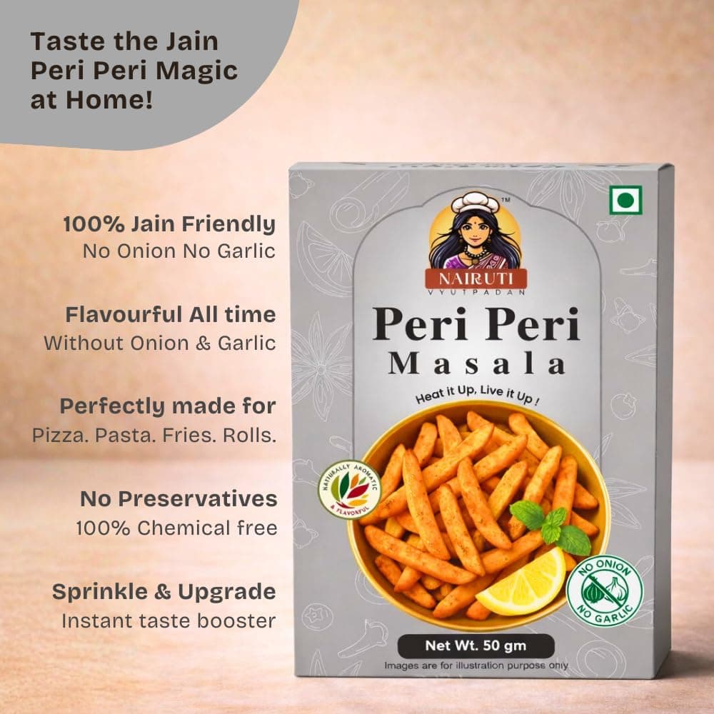 Nairuti Vyutpadan Jain Peri Peri Masala 50g | No Onion No Garlic | Jain-Friendly Satvik Spice Blend | Tangy & Spicy Seasoning for Snacks, Fries, Popcorn, Makhana & Chips | Pure & Natural — image 2
