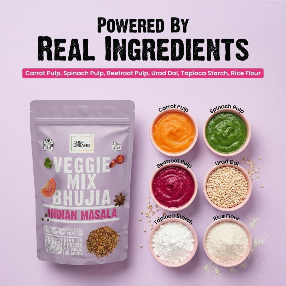 Chef Urbano Veggie Mix Bhujia - Indian Masala Flavour (70g) | Gluten Free & Vegan | High Fiber & Protein | No Wheat No Maida | Light & Healthy Everyday Snacking - Pack of 1 — image 3