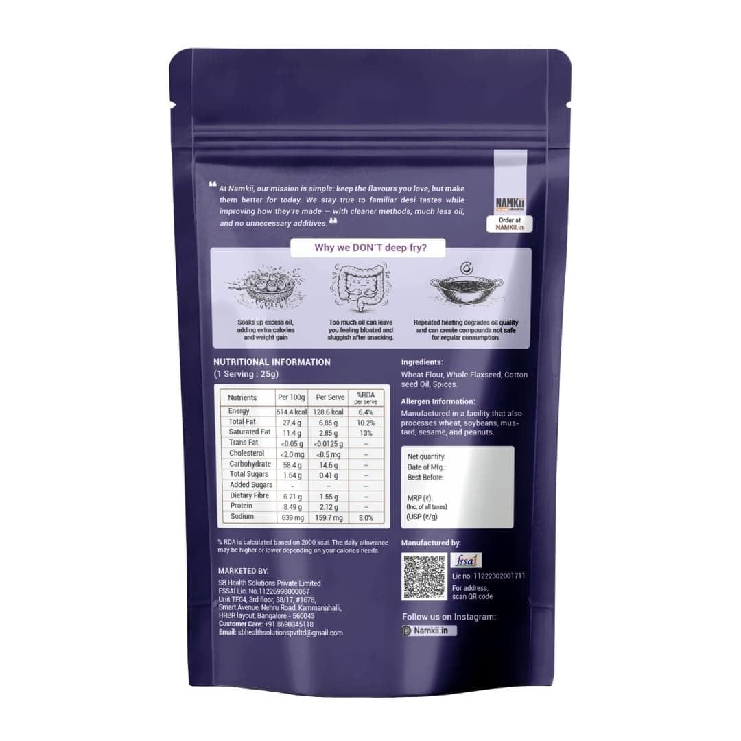 NAMKII Baked Flaxseed Mathri | Baked Not Fried, No Maida, No Palm Oil | Zero Trans Fat, Low Saturated Fat | Healthy Snacks, Mathri, Namkeen | Perfect for tea-time snacking, mid-night cravings, or tiffins | 175 g (Pack of 1) — image 2