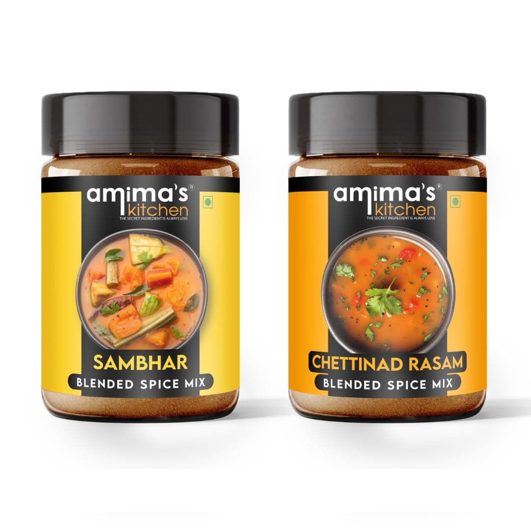 Amima's Kitchen Sambhar + Chettinad Rasam Masala Powder Combo | Jain Spice Mix (No Onion No Garlic) – 100 Grams (Pack of 2) | Blended Masala Powder | For Healthy and Delicious Cooking | Ready Masala Powder — image 2
