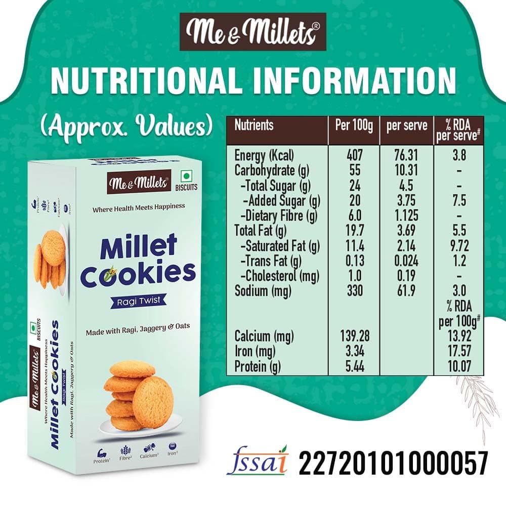 ME & MILLETS Cookies - Ragi Twist (Pack of 3, Each 75g) - Delicious Millets Biscuits, Rich In Protein & Fiber, Healthy Tea Snack (Jain Friendly) — image 3