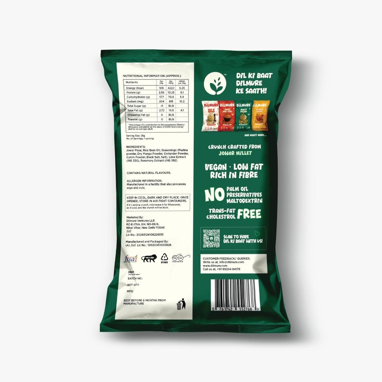 DILMURE No Onion No Garlic Jowar Millet Munchies Combo Pack – Minty Pudina & Salt n Pepper (25G Each) | Roasted Healthy Snacks | No Preservatives, No MSG, No Maltodextrin | Palm Oil Free | Zero Cholesterol, Zero Trans Fat | Gluten-Free Millet Snack (Pack of 10) — image 6