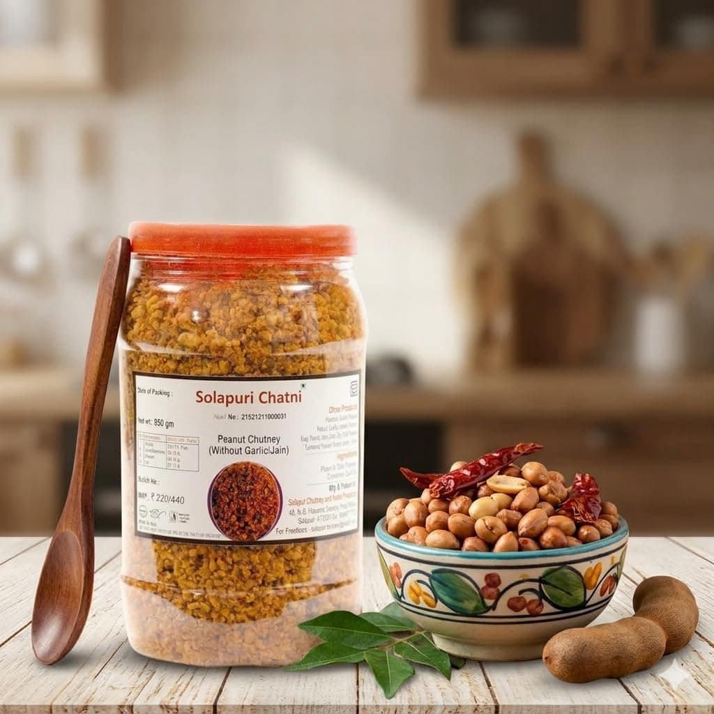 Solapuri Peanut Chutney Powder 350g | Authentic Maharashtrian Solapur Style Dry Chutney | Without Garlic & Onion | Jain Friendly Groundnut Chatni | Spicy Peanut Chutney for Bhakri, Roti, Dosa, Idli & Snacks — image 3