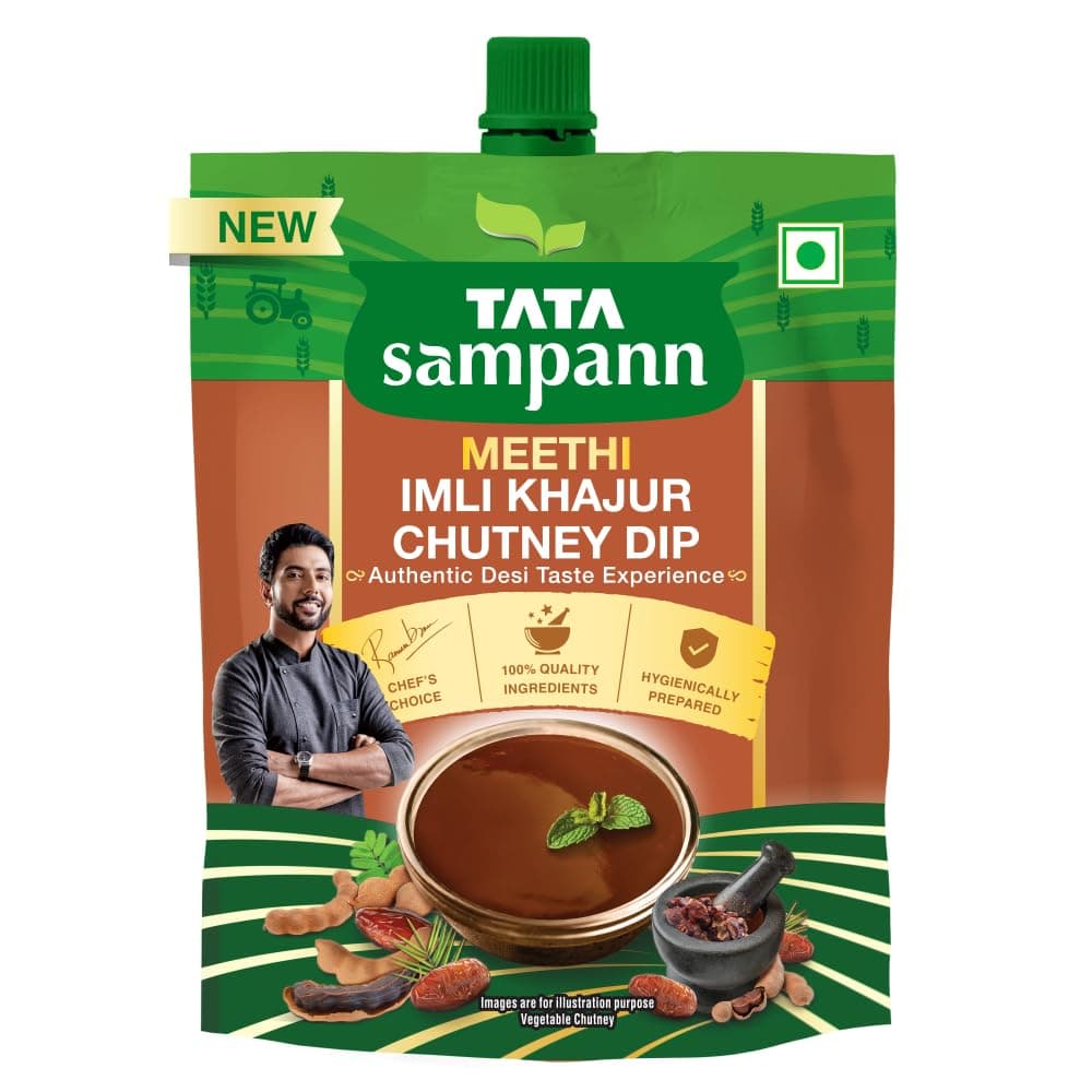 Tata Sampann Meethi Imli Khajur Chutney Dip, Made with Tamarind & Dates, Sweet & Tangy Flavour, Ready to eat, Pairs Well with Chaats & Snacks, Quality Ingredients, Hygienically Prepared, 200 g