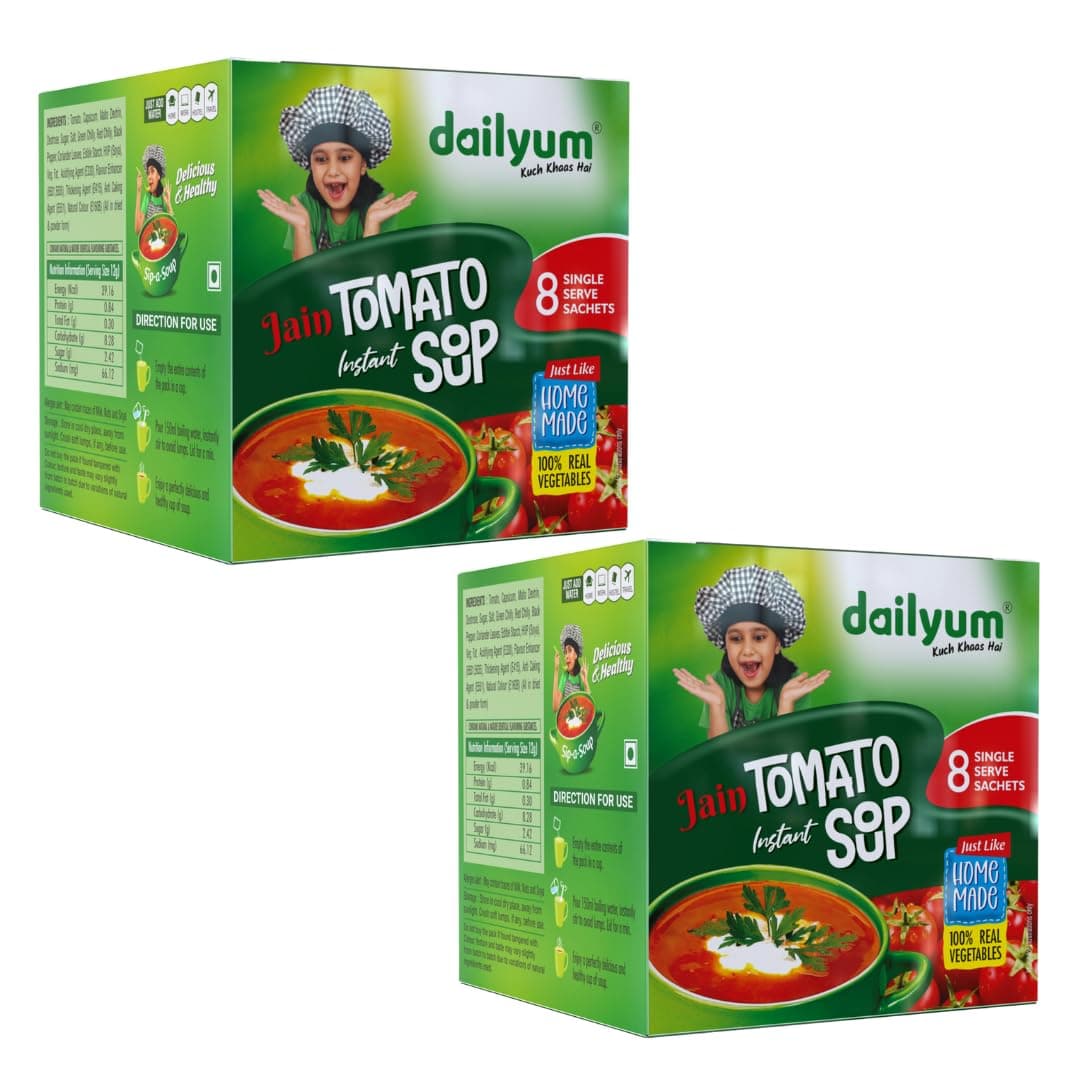 Dailyum Jain Instant Tomato Soup| 8 Single Serve Sachets | Just Boil-Stir-Sip | 12g Each Sip-A-Soup| Natural | No MSG | Pack of 2 Box | Travel friendly — image 2