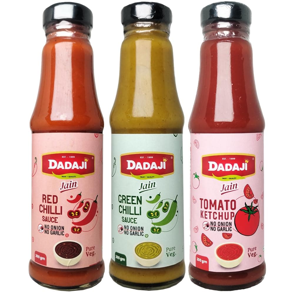 Dadaji Trio JAIN Sauce Combo | Jain Green Chilli, Jain Tomato Ketchup, Jain Red Chilli Sauce | No Onion & Garlic | Bold Asian Flavours | Spicy, Tangy & Tasty | Clear Ingredients | No MSG or Trans Fats | 200gm each