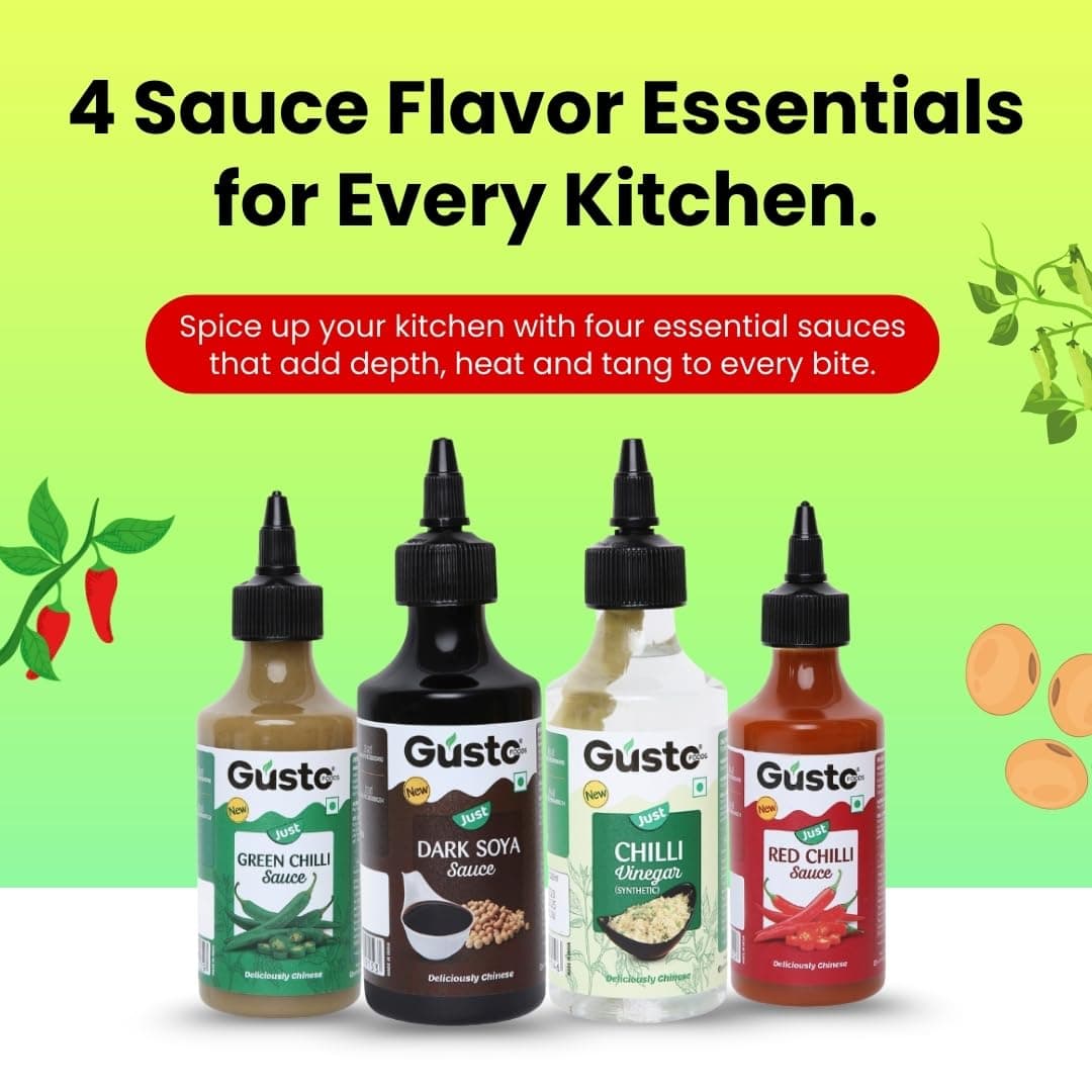 Gusto Foods Chinese Sauces Combo | Red Chilli Sauce 200gm + Green Chilli 190gm + Soya Sauce 210gm + Chilli Vinegar 170ml | Asian Sauces Combo | Ideal for Fried Rice, Noodles, Paneer & Vegetables | Ready to use — image 4