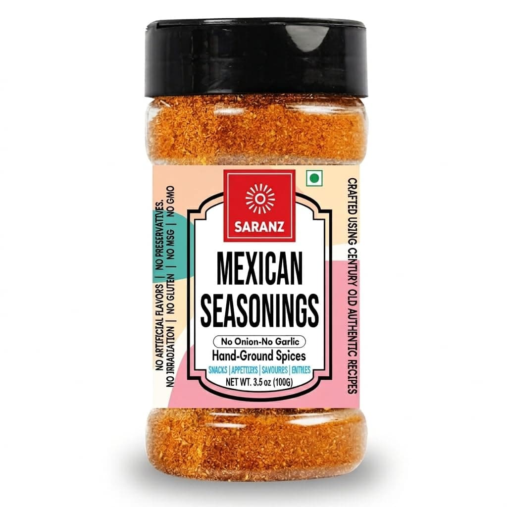 SARANZ Jain Mexican Seasoning | All-Purpose No Onion No Garlic Mexican Spice Mix | For Burritos, Quesadillas, Rice Bowls, Nachos, Fajitas and Pasta | Vegan, Gluten-Free, Dairy-Free | 100g