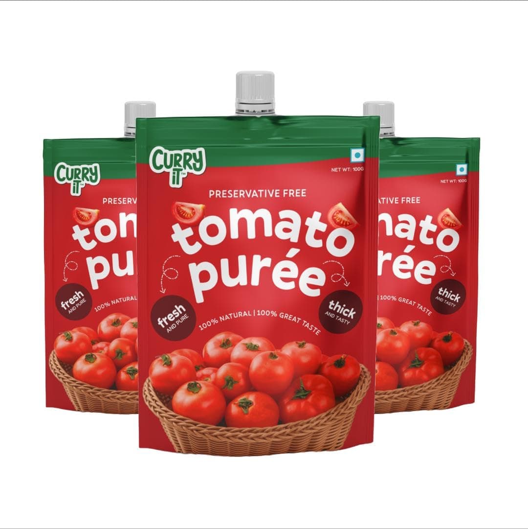 CURRYiT Tomato Puree | Made With 100% Fresh Hand Picked Tomatoes | No onion & Garlic | Tomato Paste For Cooking Pasta & Curries | No Added Preservatives or Colors | Pure & Natural (100g x 3) 300g — image 2